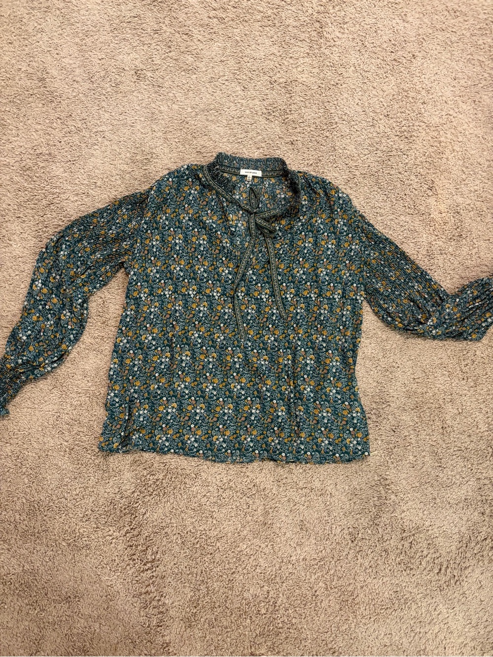 Max Studio Floral Tie-Neck Blouse - Teal & Mustard